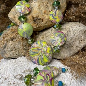 Polymer clay large elegant and fun statement set crystals and beads. LL2C NE 202